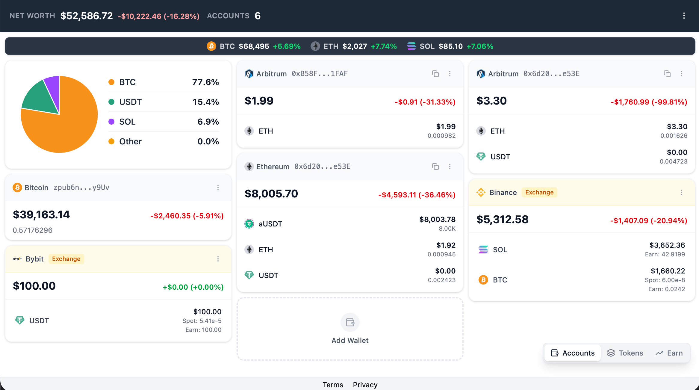 FinCobra Watchlist portfolio dashboard showing wallets, exchanges, balances, and allocation.